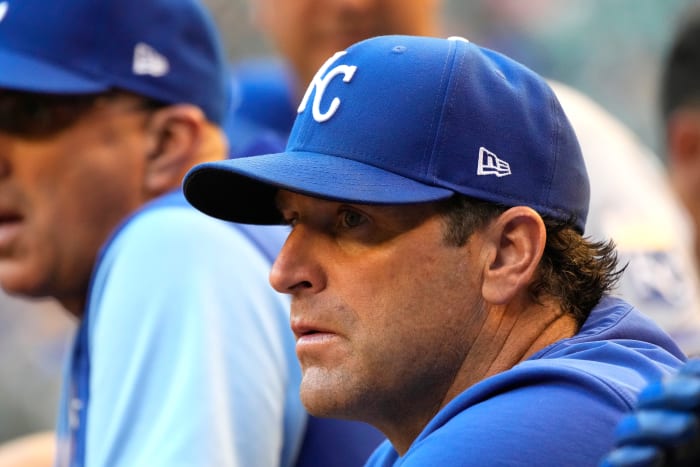 May 24, 2022; Phoenix, Arizona, USA; Kansas City Royals manager Mike Matheny (22) watches from the dugout during the first inning against the Arizona Diamondbacks at Chase Field. Mandatory Credit: Rick Scuteri-USA TODAY Sports